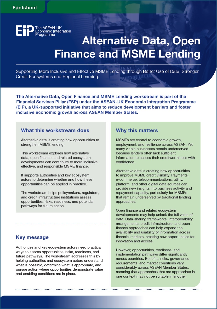 The EIP Financial Services Pillar - Alternative Data, Open Finance and MSME Lending fact sheet